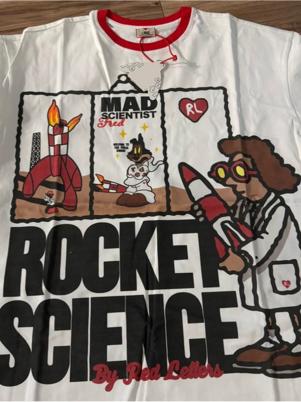 Rocket Science Mad Scientist Graphic Tee - red letters designer nwt large